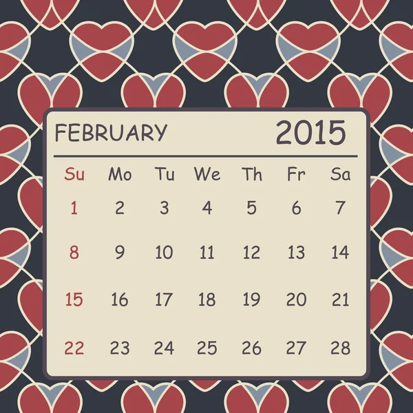 Calendrier février 2015 design. Coeurs fond motif — Image vectorielle