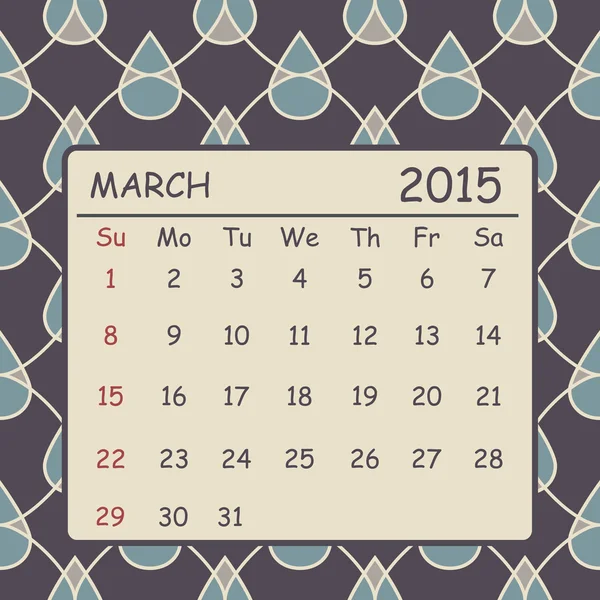 Calendar march 2015 design. Drops pattern background — Stock Vector