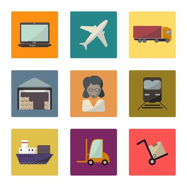 Warehouse transportation and delivery icons flat set — Stock Vector