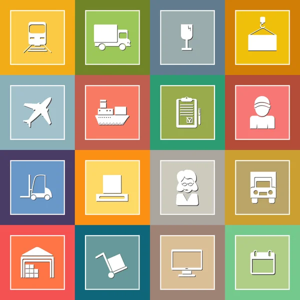 Warehouse transportation and delivery icons flat set — Stock Vector