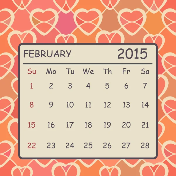 Calendar february 2015 design. Heart pattern background — Stock Vector