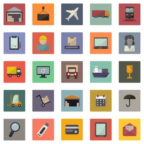 Business, warehouse, transportation and delivery icons flat set — Stock Vector