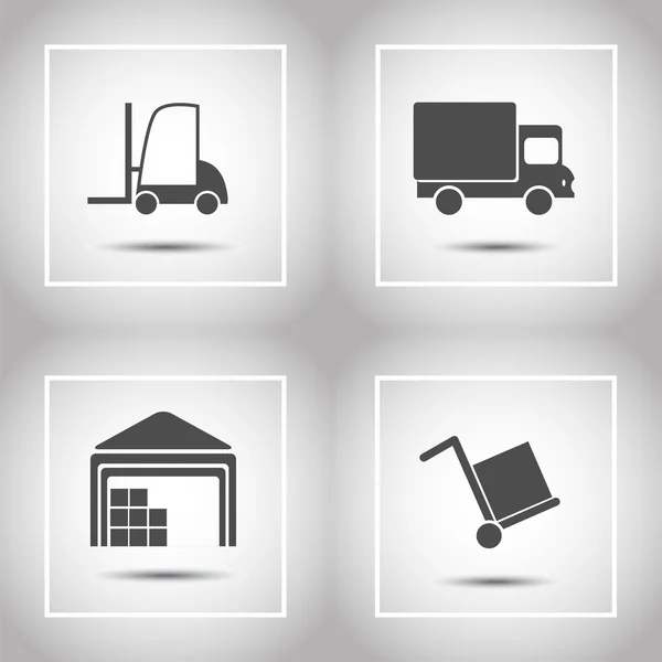 Set di icone di trasporto e consegna magazzino piatto — Vettoriale Stock