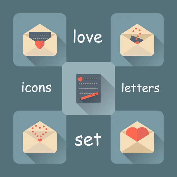 Valentines day love letter flat icons set with long shadow — Stock Vector