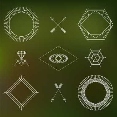 Soyut yenilikçi anahat simgelerini ve arka plan bulanık sette rozetleri