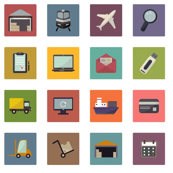 Warehouse transportation and delivery icons flat set — Stock Vector