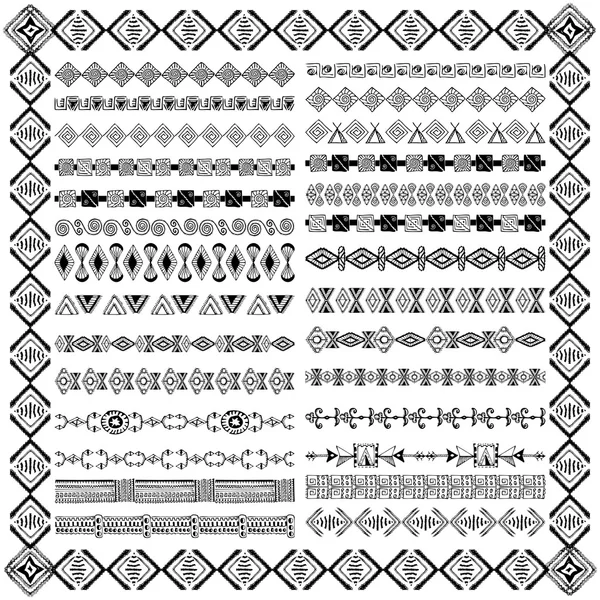 Conjunto de fronteiras em estilo étnico tribal. 30 escovas padrão dentro —  Vetores de Stock