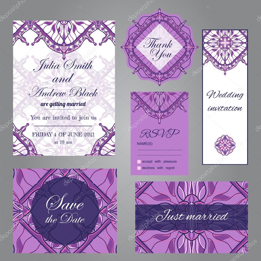 Wedding set in vintage ornamental style. Invitation; save the date card; thank you card; rsvp card; just married card