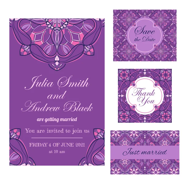 Wedding set in vintage ornamental style. Invitation; save the date card; thank you card; rsvp card; just married card — Stock Vector