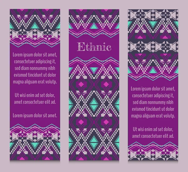 Διάνυσμα σύνολο πανό ή κάρτες με φυλετικές διακοσμητικά μοτίβα. Αζτέκων διακοσμητικά στυλ — Διανυσματικό Αρχείο