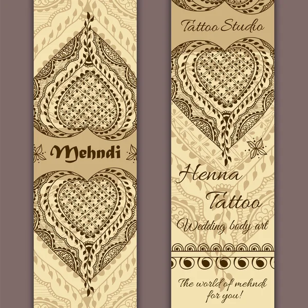 Set vettoriale di striscioni o carte in stile ornamentale indiano. Ornamento floreale Mehndi — Vettoriale Stock