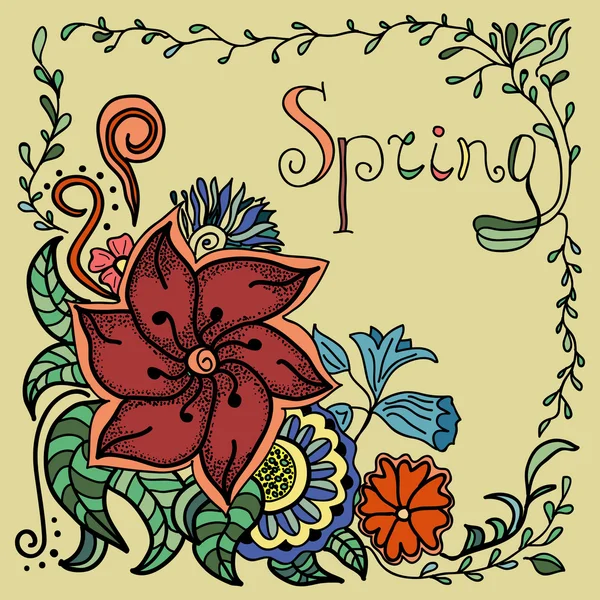 Vector mão desenhada fundo. Doodle padrão floral com texto desenhado à mão. Tema Primavera —  Vetores de Stock