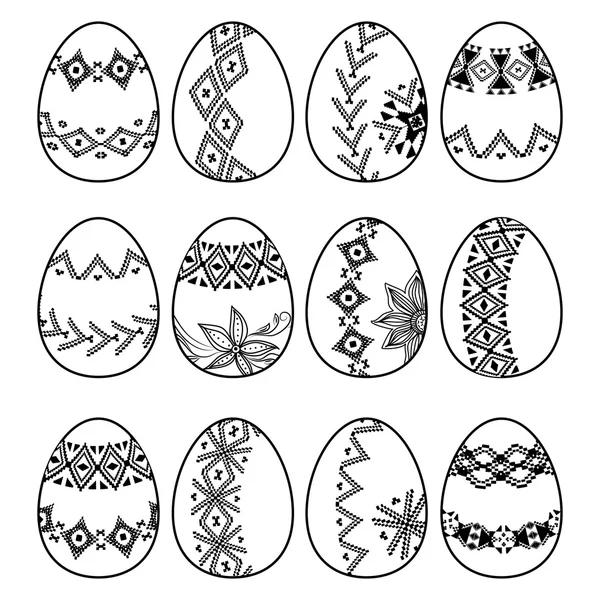 Conjunto de huevos de Pascua vectoriales con bordes tribales y flores. Colección de elementos decorativos para Pascua — Vector de stock
