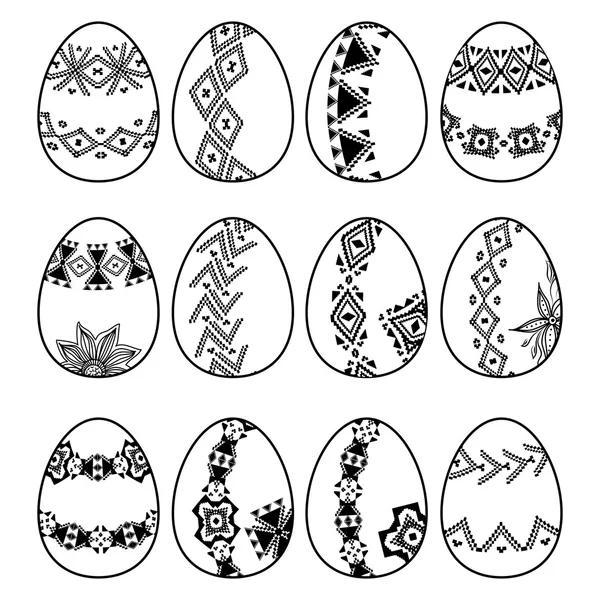 Conjunto de huevos de Pascua vectoriales con bordes tribales y flores. Colección de elementos decorativos para Pascua — Vector de stock