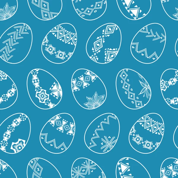 Vector seamless texture. Easter eggs with tribal borders and flowers on blue background
