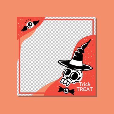 Mutlu Cadılar Bayramı, gizemli parti tanıtımı, sihirli elementlerle sosyal medya afişi. Sihirli cadı şapkası, kafatası, göz, yarasa. Poster, afiş, boş merkezli özel teklif