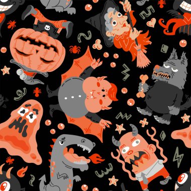 Cadılar Bayramı çizgi film karakteri kusursuz desen. Canavar, Sümüklü Sümüklüböcek, Kurt, Şeytan, Balkabağı, Cadı, Ejderha, Vampir el yapımı vektör çizimi. Gizem, arka plan için, duvar kağıdı, kumaş, kağıt