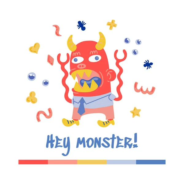 Halloween Doodle Charakter Cute Monster Devil. Handgezeichnete Vektorillustration mit einer Kreatur mit Hörnern und kleinen Mustern. Mystery, Allerheiligen Konzept der Halloween-Party, Poster, Grußkarten — Stockvektor