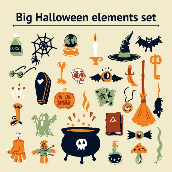 Halloween Party uppsättning stavningselement. Magisk hatt, fladdermus, skalle, ljus, pumpa, magisk boll, spelkort, spöke, orm, svamp, gift, kniv, nät, spindel, öga, magisk bok, ljus — Stock vektor