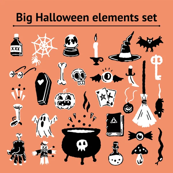 Halloween Elements Doodle Ensemble simple d'éléments magiques de dessin à la main. Chapeau de sorcière, chauve-souris, crâne, citrouille, boule magique, cartes à jouer, fantôme, serpent, champignon, poison,, couteau, araignée, oeil, os, livre d'orthographe — Image vectorielle