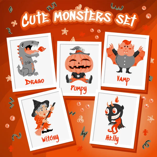 Mostro Doodle Set di personaggi. Illustrazione vettoriale disegnata a mano con Diavolo, Zucca, Strega, Drago, Vampiro. Mistero, concetto di Ognissanti per la festa di Halloween, poster. Caricatura di creature spaventose — Vettoriale Stock