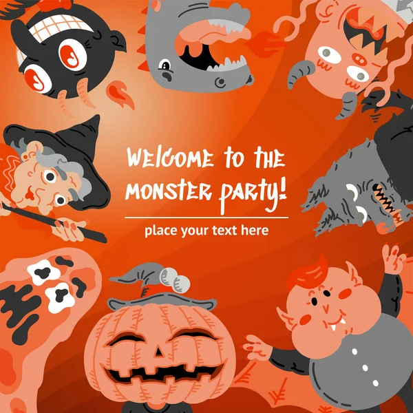Monster Doodle Charakter Banner Social Media Vorlage mit Copyspace. Handgezeichnete Vektorillustration Monster, Drache, Nacktschnecke, Wolf, Teufel, Kürbis, Vampir, Hexe. Mystery, Allerheiligen-Konzept — Stockvektor
