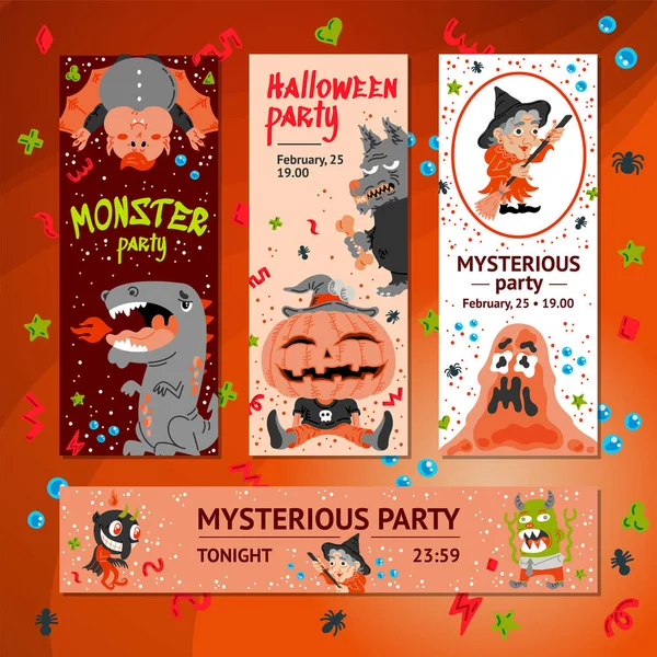 Personaje de dibujos animados de Halloween Vertical, Gorizontal Banner, Header Web Template. Ilustración vectorial dibujada a mano Monstruo, dragón, babosa, lobo, diablo, calabaza, vampiro, bruja. Misterio, Concepto del Día de Todos los Santos — Archivo Imágenes Vectoriales