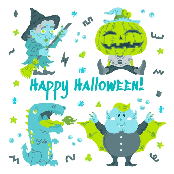 Monster striptekenset. Handgetekende vectorillustratie met Pompoen, Heks, Draak, een vampier en kleine patronen. Mysterie, Allerheiligen concept voor Halloween feest, posters, wenskaarten — Stockvector