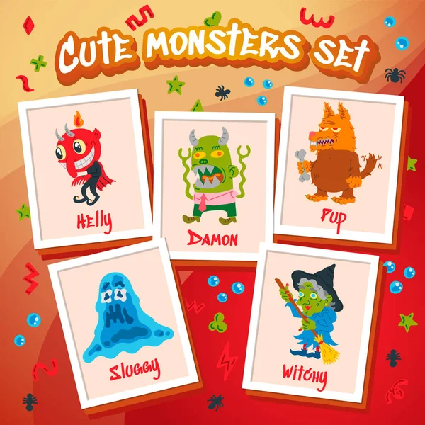 Monster Doodle Conjunto de personagens. Ilustração vetorial desenhada à mão com Besta, Lobo, Diabo, Bruxa. Mistério, conceito de Dia de Todos os Santos para festa de Halloween, cartazes, retratos. Caricatura de criaturas assustadoras —  Vetores de Stock