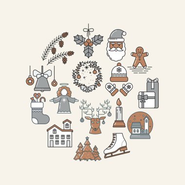 Çizgi Sanat Simgelerinin Tatil Çemberi Koleksiyonu. Zencefil, Noel Baba, Noel ağacı, Ren geyiği, Çan, Mum, Hediye, Patenler, Çam kozalakları, Ev Meleği, Çorap, Ökseotu, Şenlik Çelengi, Şapka ve Eldiven