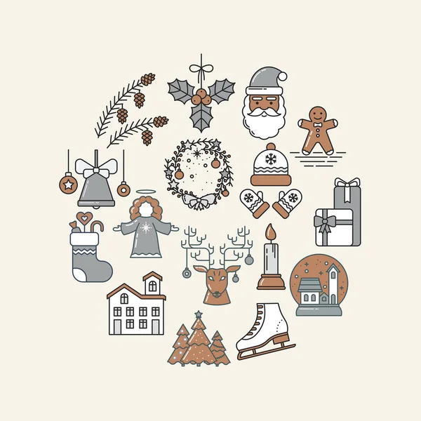 Holiday Circle Collection of Line Art Icons. Gingerbread, Santa Claus, Christmas tree, Reindeer, Bell, Candle, Gifts, Skates, Pine Cones, Home, Angel, Sock, Mistletoe, Festive Wreath, Hat and Mittens — Stock Vector