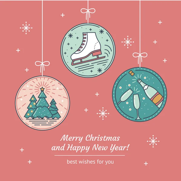 Поздравительная открытка с линейной елкой, шампанским, очками и коньками, рождественская игрушка на розовом фоне. Новогодняя открытка или приглашение — стоковый вектор