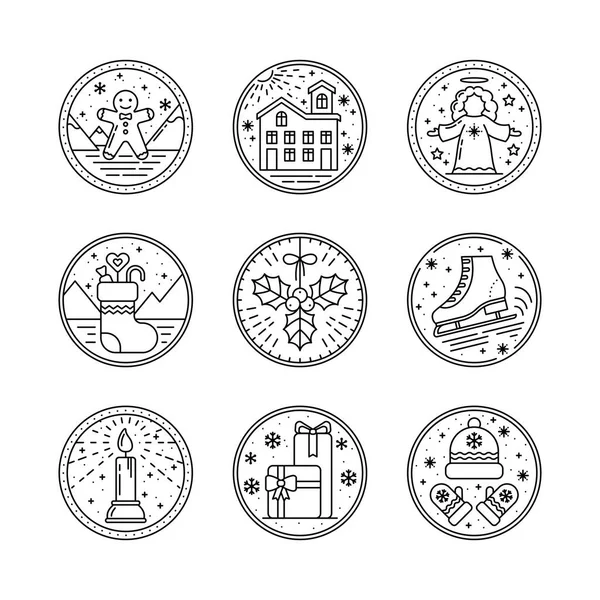 Merry Christmas Set Circle Line Art Icon with Elements. Gingerbread, Snow Home, Angel, Sock with Gifts, Mistletoe, Skates, Candle, Mittens. Logo for Invitation, Greeting, Tag, Postcard, Mailing list — Stock Vector