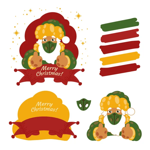 Elementos aislados de Navidad Colorind Carácter de Santa Claus en una máscara médica con barba, sombrero y traje de año nuevo con cinta para papel de envolver, libro para colorear, regalos para el período Covid-19 — Vector de stock
