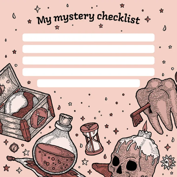 Boho 스타일 Magic Checklist with Copyspace. 그림그리는 방식, 히피어와 빈티지. 2011 년 4 월 1 일에 확인 함 . Astrological Mystery Lines for Recording Plans, Task, And Lists. 상자, 물병, 해골, 이빨을 가지고 인쇄 할 준비가 되어 있다 — 스톡 벡터