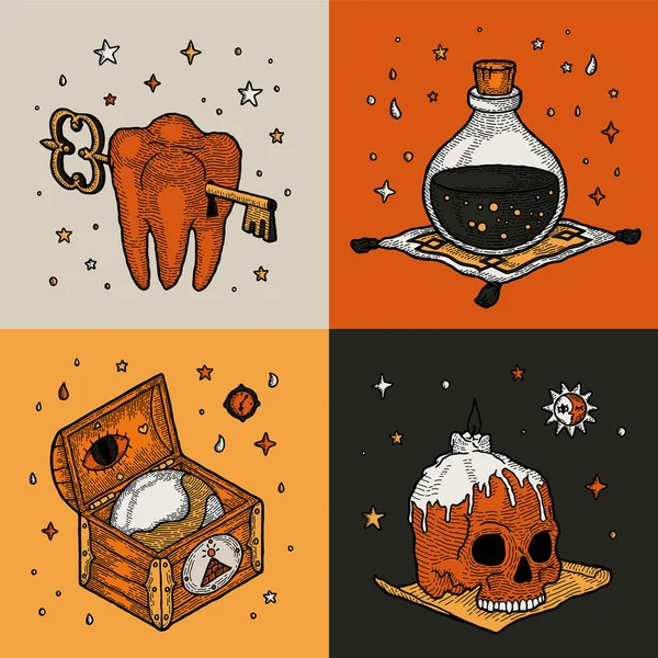 ( 영어 ) Magic Pirate Elements on Retro Vintage Orange Background - 공식 웹 사이트. 신성 한 대상. Wooden Chest, Tooth with Key, Glass Bottle with Poison, Human Skull. 모든 성인의 날을 위한 인사말 카드 할로윈, 위치 — 스톡 벡터