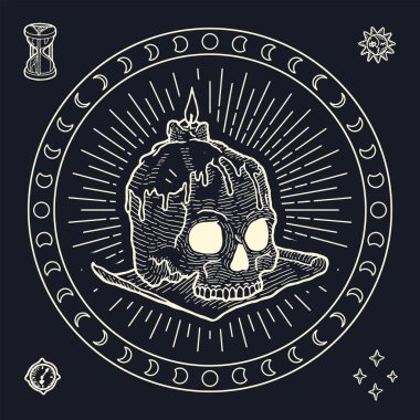 Woodoo büyüsünün mistik sembolü insan kafatası, kadranı, güneş, ay, kum saati ve yuvarlak bir çemberdeki yıldızlar.