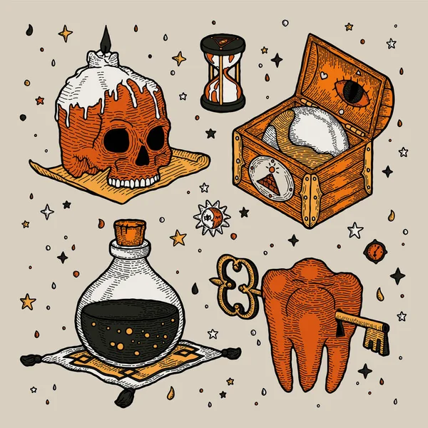 用骷髅、木箱、牙齿、钥匙和玻璃瓶进行魔法实践的神秘符号 — 图库矢量图片