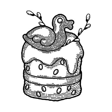 Vektör Görüntü Olarak Kırsal Paskalya Keki. Dekorasyon olarak Willow, Ribbon, Duck, Dondurma ve Lezzetli Tohumlar ile geleneksel Amerikan Paskalya Pastası. Görüntü İşleme ve Tek Renkli Boho Biçimi