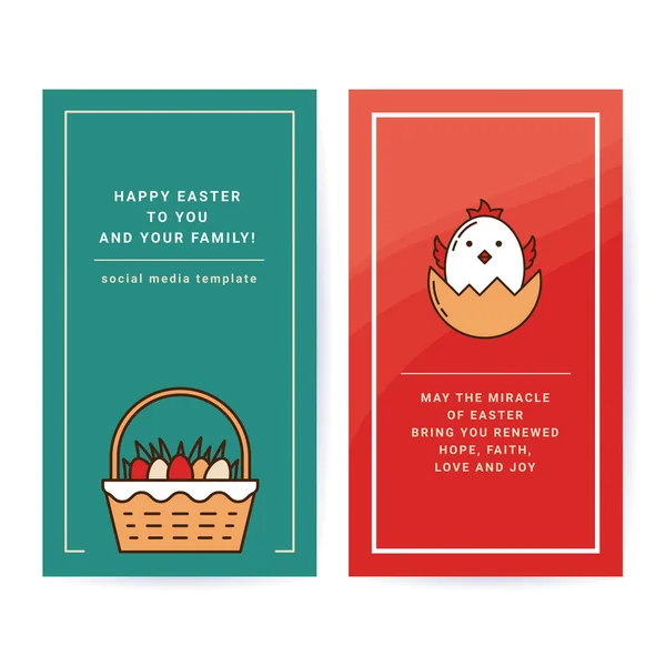 Easter Set of Postcards, Gift Tags, Web Banners Drawn in a Linear style with a Stroke. Willow Basket with Grass and Colored Egg and Baby Chicken in Eggshell with Congratulations and Copyspase for Text — Archivo Imágenes Vectoriales
