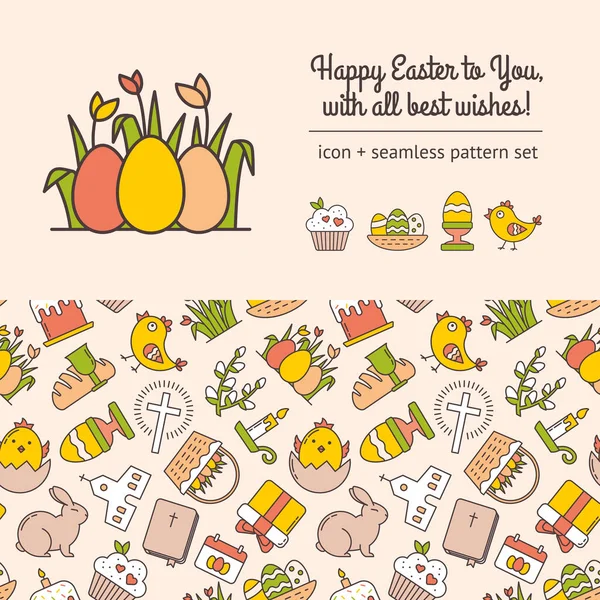 Scrapbooking Set with Seamless Pattern of Linear Easter Icons and Spring Celebration Elements. Simple Images with a Stroke in Pastel Colors. Colored Eggs, Cake, Baby Chicken, Church, Cross, Willow — Vector de stock