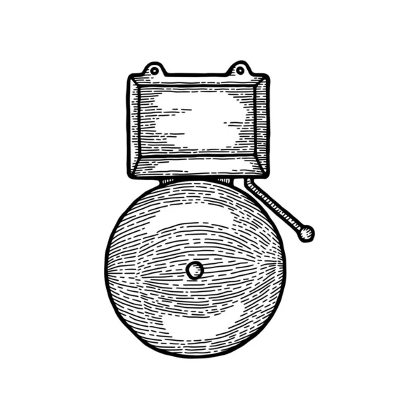 Monokrom ringer larm brandlarmsystem signalanordning isolerad på vit, vintage vektor illustration. Förebyggande, nödläge, varningssignal. Signalisering av brandmansutrustning — Stock vektor