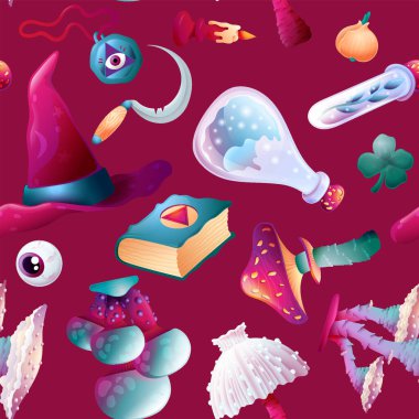 Cadılık aksesuarları ve mantarlarıyla kusursuz desen. Sihirli Şapkalı Simya Koleksiyonu, Cam Zehir Şişesi, Orak, Büyücü Kitabı, Mum, Göz ve Test Tüpü. Çizgi film Oyun Tasarımı için Kumaş