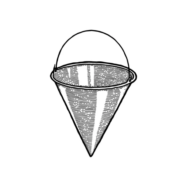 Černobílý trojúhelník kužel požární kbelík pro hašení požáru izolované na bílém pozadí. Požární výzbroj používaná k prevenci, hašení, bojovému ohni. Izolovaný symbol obrysu — Stockový vektor
