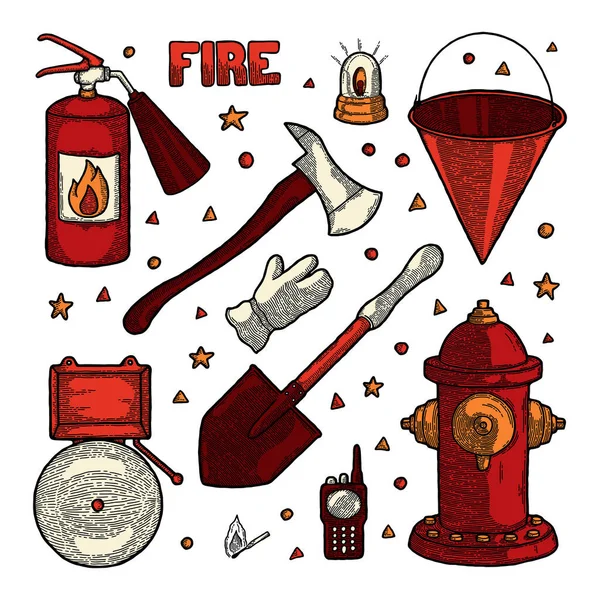 Firefighting Vintage Elements Set von Feuerwehrwerkzeugen Vektor Illustration. Rettungsgeräte isoliert. Professionelle und Ausrüstung. Set mit Feuerlöscher, Handschuh, Schaufel, Eimer, Axt, Hydrant, Alarm, Radio — Stockvektor