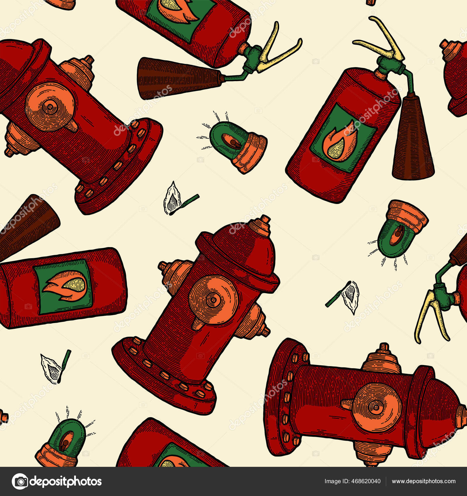 Retro Fire Extinguisher and Hydrant Seamless Pattern Background. Vector
