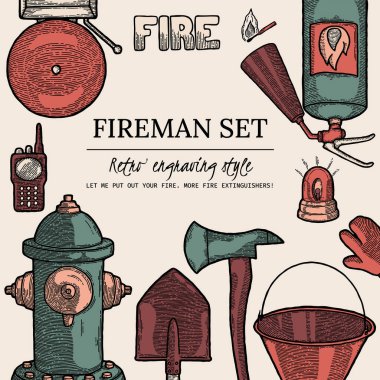 İtfaiye Vintage Elementleri Posteri, Kapak, Sosyal Medya Sancak Şablonu. Bitmiş Etiket, Tasarım Elementleri reklam, boş yer, reklam panosu. Yangın söndürücü, eldiven, kürek, kova, balta, yangın musluğu, alarm, radyo.