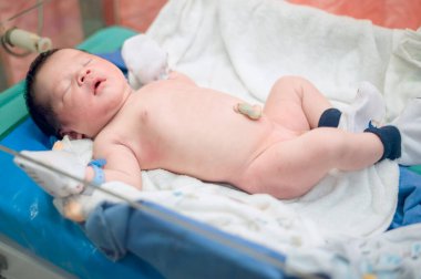 One-day-old newborn : A newborn baby lies in a baby bed after just giving birth in a hospital delivery room. selective focus.