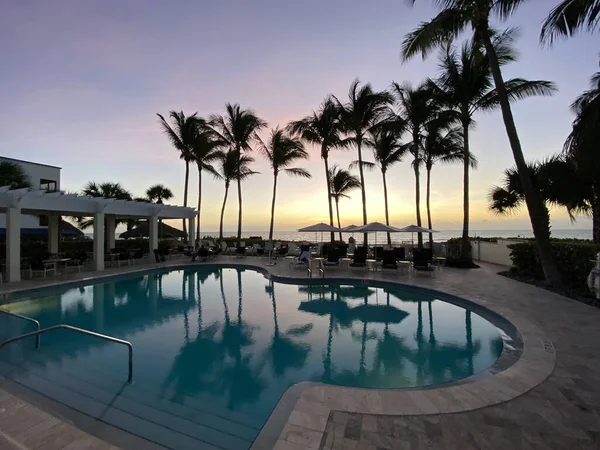 Naples Usa Sunset Overlooking Gulf Mexico Lounge Chairs Palm Trees — стоковое фото