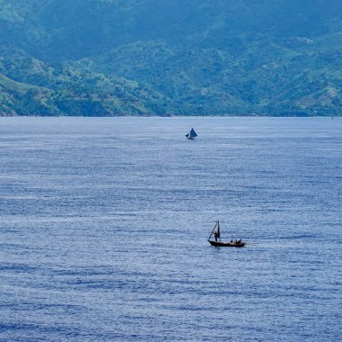 Haiti-11 / 1 / 19: Haiti 'nin Karayip Adası' nın puslu ve dağlık kıyı şeridi bir yolcu gemisi geçerken.